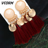VCORM Bohemian Tassel Crystal Long Drop Earrings for Women Red Cotton Silk Fabric Fringe Earrings 2019 Fashion Woman Jewelry
