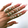12 Pcs/set Bohemian Vintage Crown Water Drops Stars Geometric Crystal Ring Set Women Charm Joint Ring Party Wedding Jewelry Gift