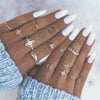 12 Pcs/set Bohemian Vintage Crown Water Drops Stars Geometric Crystal Ring Set Women Charm Joint Ring Party Wedding Jewelry Gift