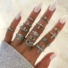 12 Pcs/set Bohemian Vintage Crown Water Drops Stars Geometric Crystal Ring Set Women Charm Joint Ring Party Wedding Jewelry Gift