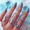 12 Pcs/set Bohemian Vintage Crown Water Drops Stars Geometric Crystal Ring Set Women Charm Joint Ring Party Wedding Jewelry Gift