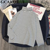 GCAROL Women T-shirt Turtleneck Striped Full Sleeve Stretch Tops Basic Drop Shoulder Undershirt Basic Perfect Pullover M-XL