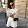Women Mesh Sheer Blouse See-through Long Sleeve Top Shirt Blouse Fashion Pearl Button Transparent White Shirt Female Blusas